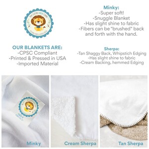 Op de afbeelding: Close-up van drie stofstalen met de labels "Minky", "Cr&egrave;me Sherpa" en "Bruin Sherpa". De Minky-staal is een zachte, witte stof. De Cr&egrave;me Sherpa-staal is een witte, pluche stof. De Bruin Sherpa-staal is een bruine, pluche stof met een bruine stiksteekrand.