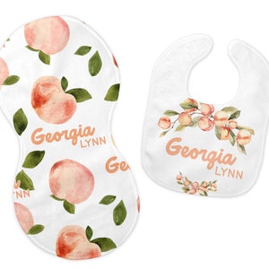 Peaches Bib and Burp Cloth Set, Peaches Bib, Peaches Burp Cloth, Peaches Nursery, Personalized Peaches Bib and Burp Set, Georgia Peach, F49