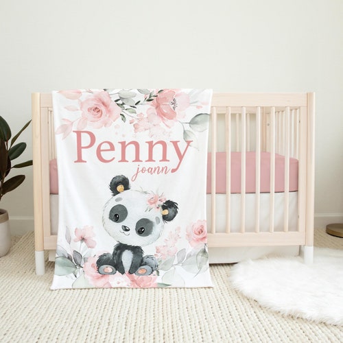 Couverture bébé panda, couverture panda fille, couverture bébé personnalisée, chambre de bébé panda, couverture panda roses roses, cadeau baby shower W30
