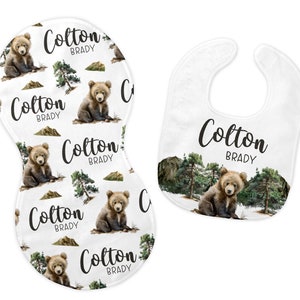 Woodland Bear Bib and Burp Cloth Set, Woodland Bib, Woodland Burp Cloth, Woodland Nursery, Personalized Bear Bib, Bear Forest Bib Set, W53
