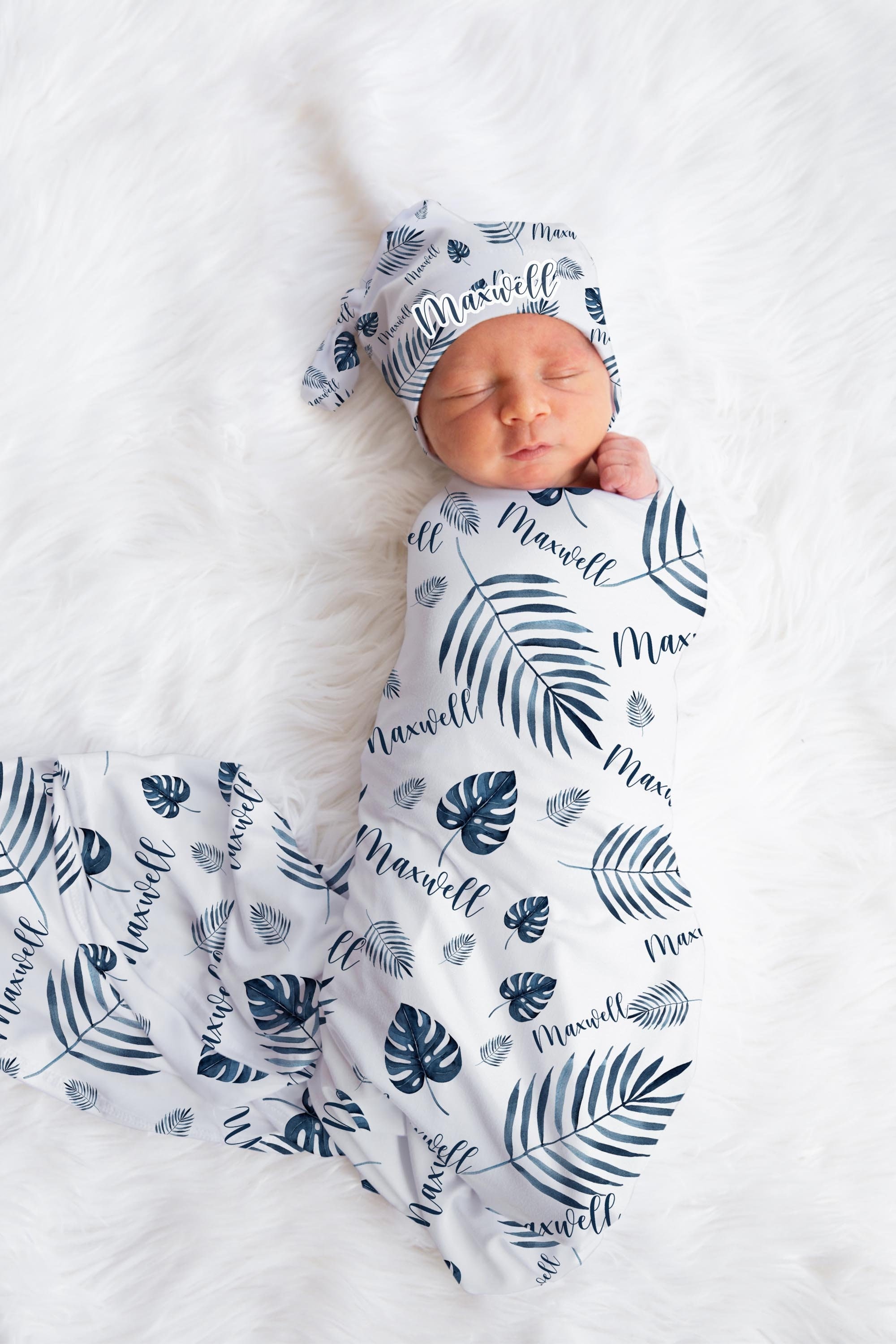 Blue Palm Leaves Baby Blanket, Tropical, Personalized Baby Blanket, Palm Leaves Theme, Newborn Coming Home Blanket, Baby Shower Gift F56