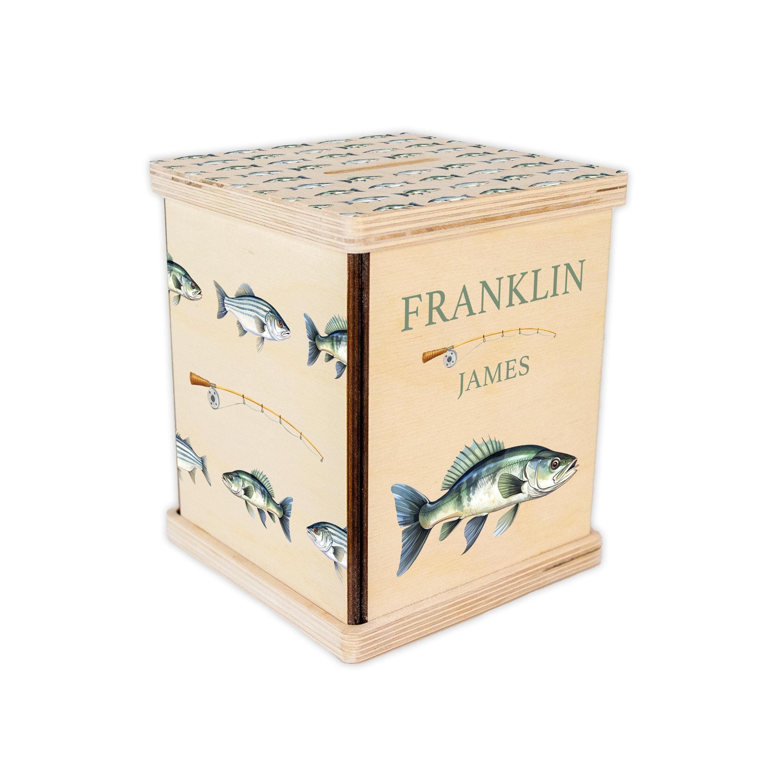 Fishing Piggy Bank, Fishing Nursery, Baby Boy Gift, Personalized Piggy Bank, Fresh Water Fish Custom Coin Bank, Baby Shower Gift, O48