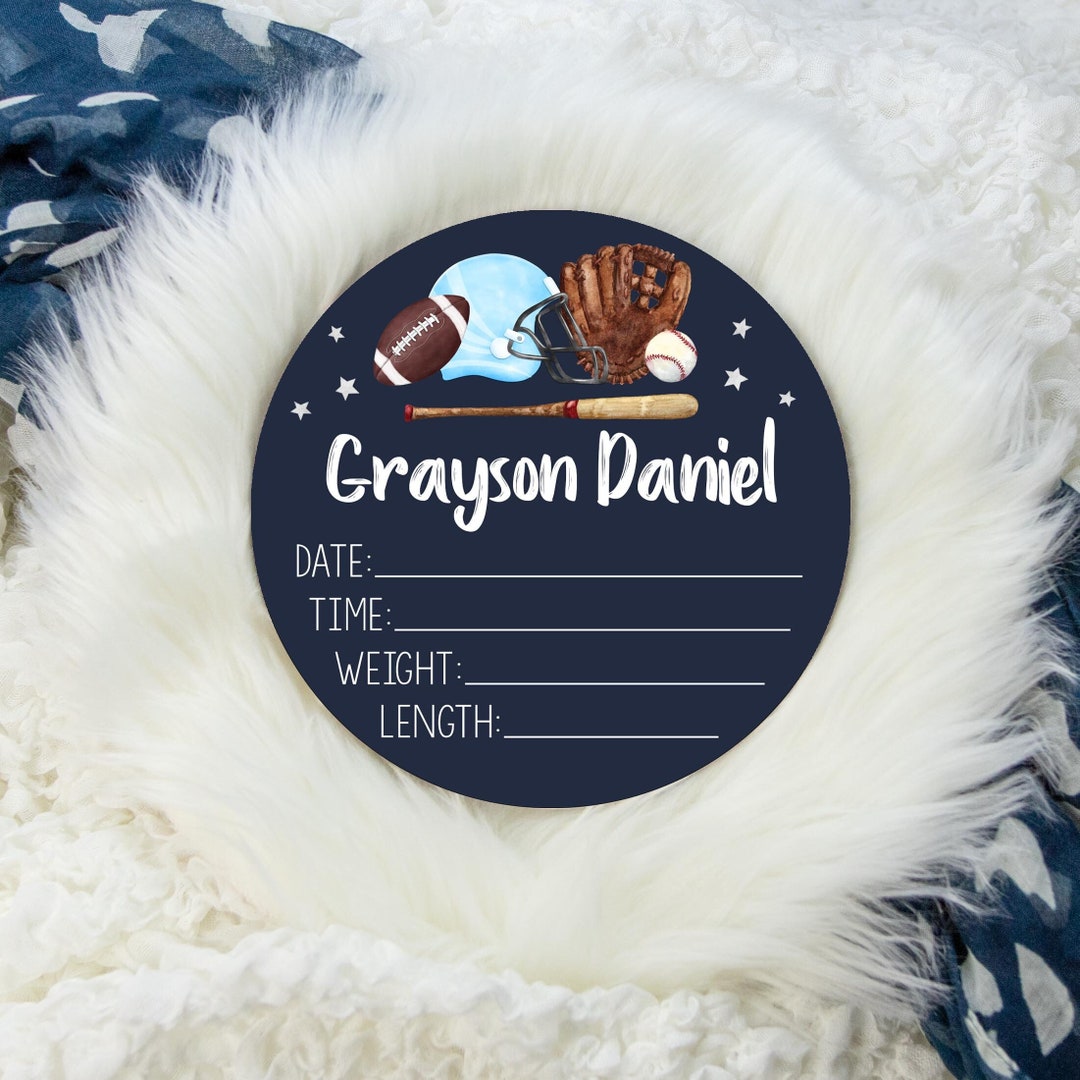 Baseball and Football Birth Stat Sign, Birth Stat Sign, Round Wood ...