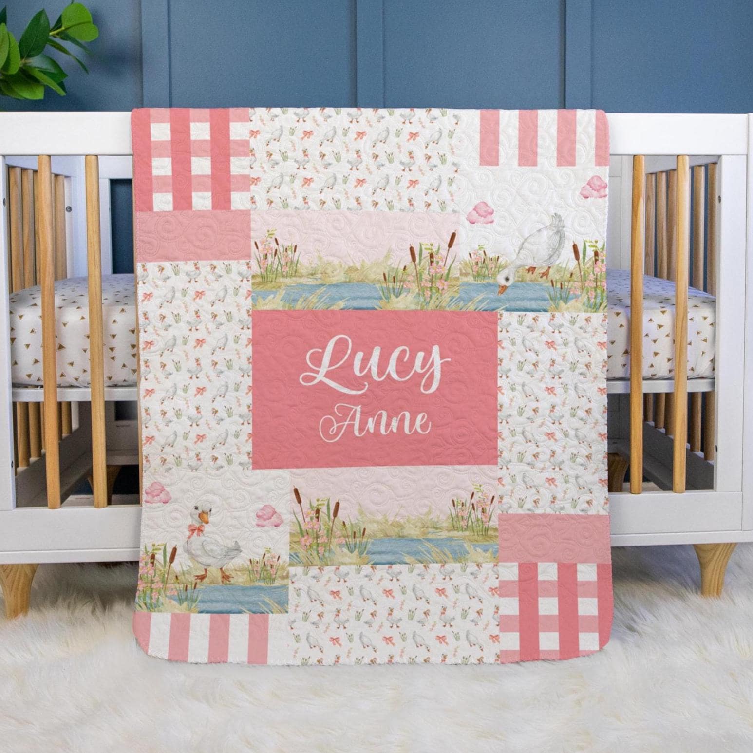 Girl Goose Baby Quilt, Personalized Gosling Baby Quilt, Optional Bundle with Sign, Goose Quilted Blanket, Gosling Nursery, B88