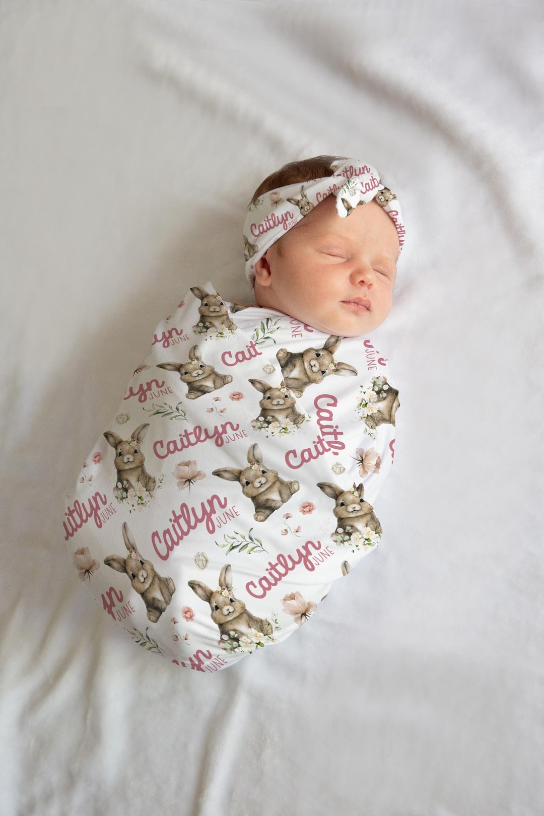 Girl Bunny Swaddle Set, Personalized Rabbit Baby Blanket, Rabbit