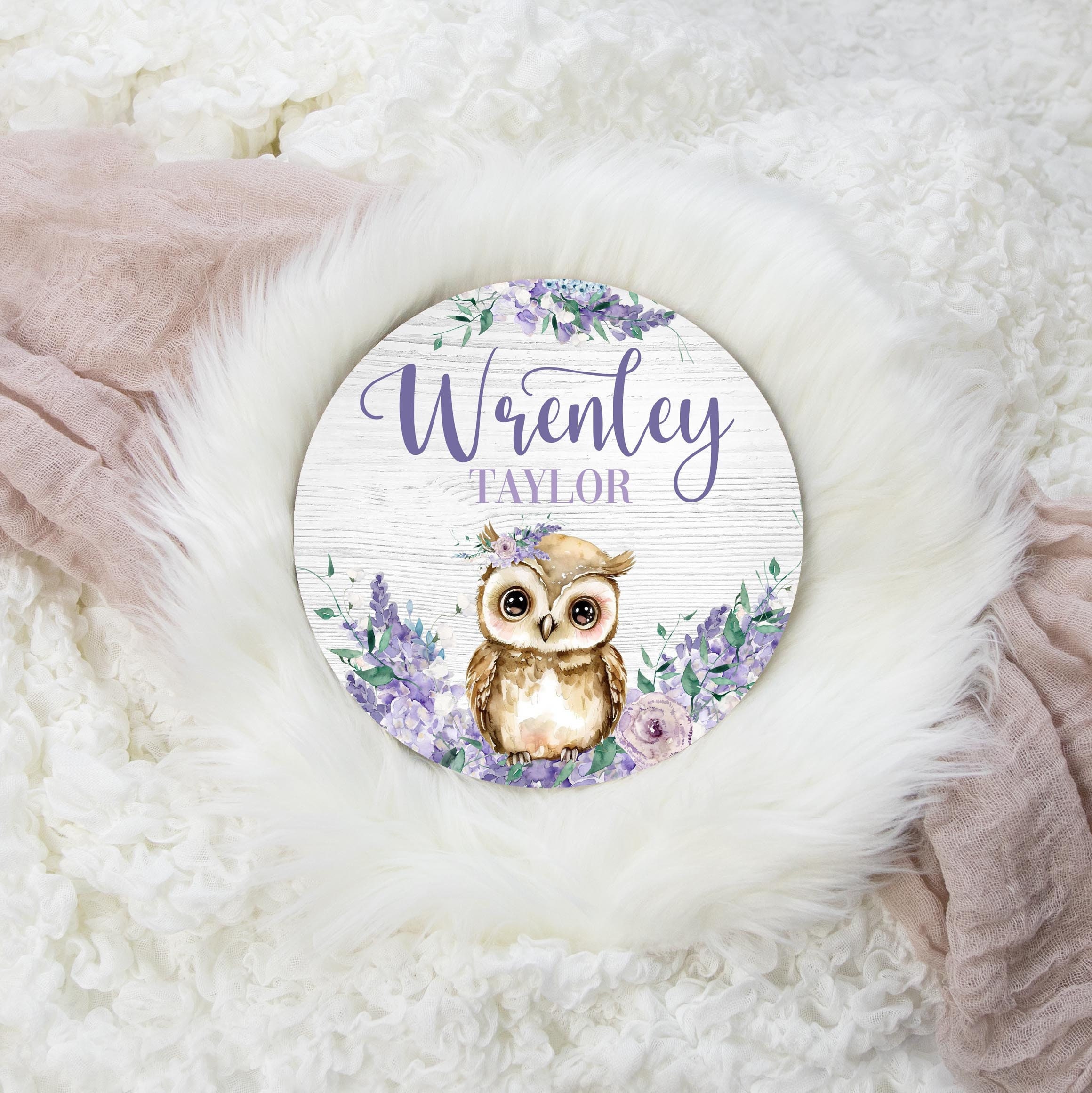 Wisteria Owl Floral Baby Sign, Round Wood Name Sign, Wood