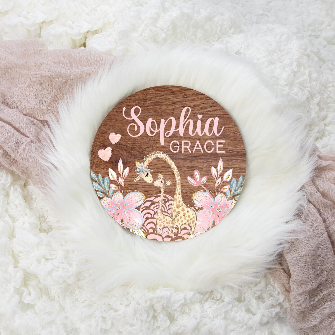 Girl Giraffe Name Sign, Round Wood Name Sign, Floral Giraffe Baby Sign, Safari Name Sign, Baby