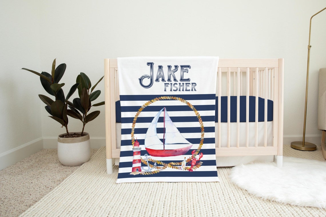 Sailboat Boy Blanket Nautical Crib Bedding Personalized Baby Etsy