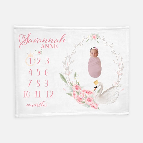 Swan Milestone Blanket, Swan Princess Girl Baby Milestone Blanket, Personalized Monthly Blanket, Baby Girl Blanket, Swan Blanket G3