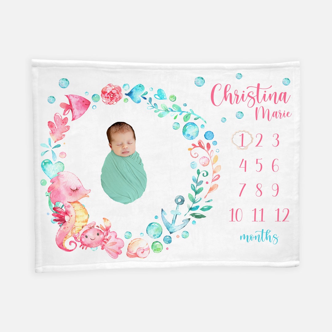 Sea Horse Baby Girl Blanket, Under the Sea Milestone Blanket ...