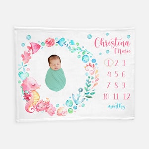 Sea Horse Baby Girl Blanket, Under The Sea Milestone Blanket, Personalized Baby Blanket, Ocean Life Nursery, Sea Life Nursery, Sea Horse O5