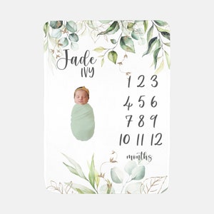Greenery Baby Milestone Blanket, Elegant Eucalyptus Baby Milestone Blanket, New Baby Gift, Monthly Baby Blanket, Baby Girl Blanket F58