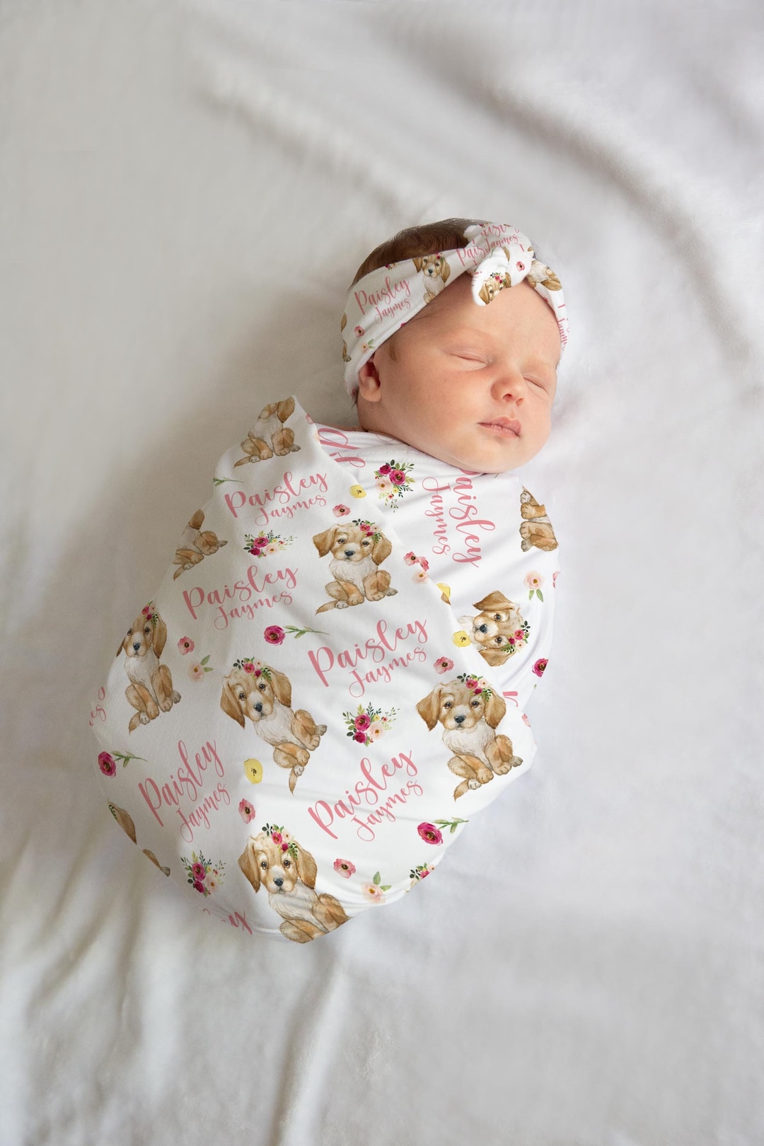 Girl Puppy Swaddle Set, Floral Labrador Baby Blanket, Personalized Girl