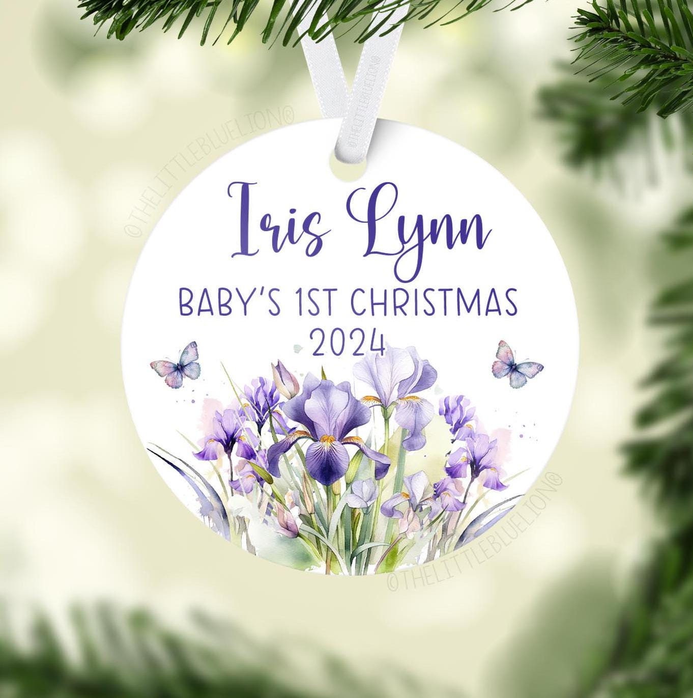 Irises Baby 1st Christmas Ornament, Personalized Baby First Christmas Ornament, Baby Girl Ornament, Iris Flowers Holiday Ornament F98