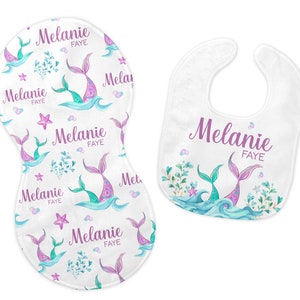 Mermaid Bib and Burp Cloth Set, Mermaid Bib, Mermaid Burp Cloth, Under The Sea Nursery, Personalized Mermaid Bib, O34