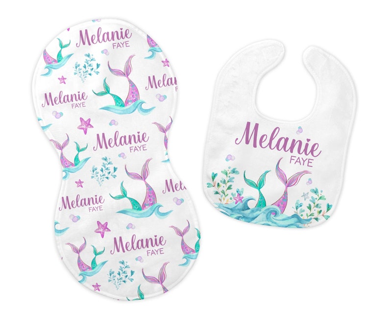 Mermaid Bib and Burp Cloth Set, Mermaid Bib, Mermaid Burp Cloth, Under The Sea Nursery, Personalized Mermaid Bib, O34 image 1