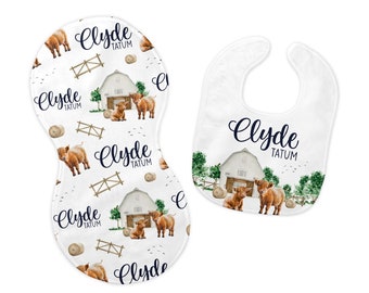 Highland Cow Bib and Burp Cloth Set, Highland Cow Bib, Highland Cow Burp Cloth, Cow Nursery, Personalized Cow Bib, C31