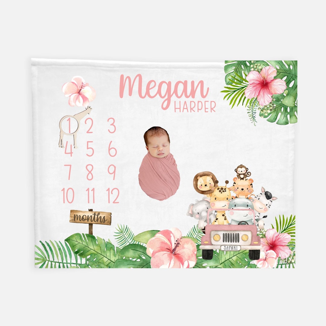 Girl Safari Milestone Blanket, Personalized Baby Blanket, Monthly Baby ...