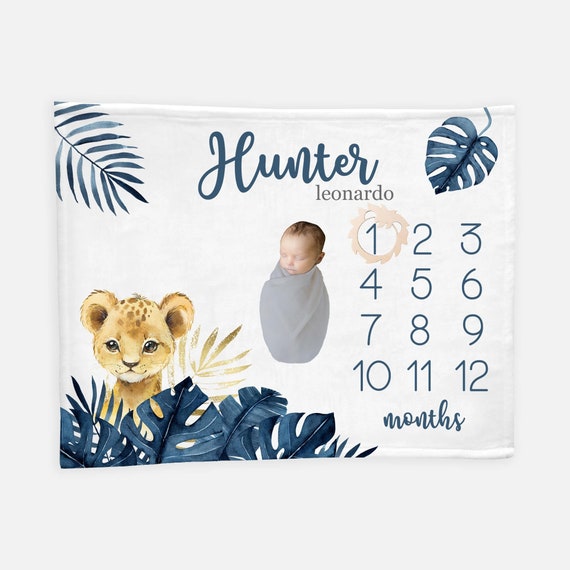 Lion Milestone Blanket, Personalized Baby Blanket, Monthly Baby Blanket, Baby Boy Blanket, Safari Nursery Theme, Jungle Baby Blanket S31