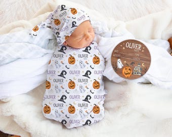 Halloween Swaddle, Halloween Swaddle Bundle Option, Personalized Swaddle Blanket, Halloween Baby Swaddle, Halloween Birth Announcement, B32