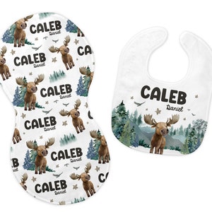 Moose Bib and Burp Cloth Set, Moose Bib, Moose Burp Cloth, Personalized Moose Bib and Burp Set, Moose Baby Set W44