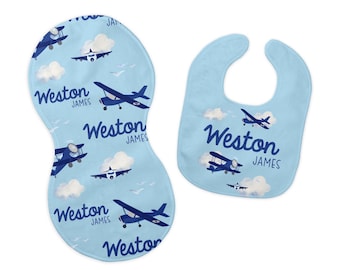 Airplane Bib and Burp Cloth Set, Airplane Bib, Airplane Burp Cloth, Adventure Nursery, Personalized Travel Bib and Burp Set T52