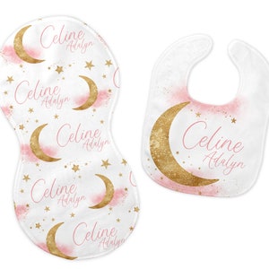 Gold Moon Bib and Burp Cloth Set, Luna Moon Bib, Celestial Burp Cloth, Pink Moon and Stars Nursery, Personalized Moon Bib, T59