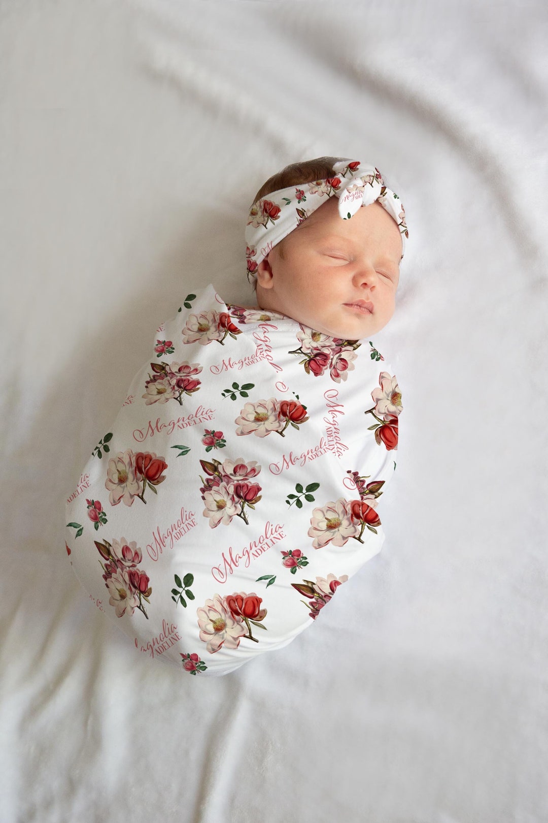 Magnolia Swaddle Set, Personalized Magnolia Baby Blanket, Girl Baby