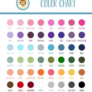 May include: Color chart with 48 different color swatches. Each color swatch is labeled with a name, such as Blush, Carnation, Bubble Gum, Taffy, Rose, Flamingo, Rouge, Hot Pink, Lilac, Amethyst, Plum, Eggplant, Grape, Iris, French Violet, Purple Rain, Light Blue, Aqua, Sky Blue, Fog Blue, Pacific, Dodger, Denim, Navy, Pistachio, Mint, Loch Ness, Sage, Olive, Emerald, Forest, Seaweed, Cantaloupe, Coral, Clementine, Fox Tail, Melon, Apricot, Canary, Rust, Mocha, Cherry, Burgundy, White, Silver, Soft Gray, Dark Gray, and Black.