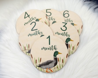 Duck Milestone Cards, Baby Milestone Duck Discs Marker, Wood Milestone Card, Baby Milestones, Photo Prop, Mallard Duck Hunter Nursery B19