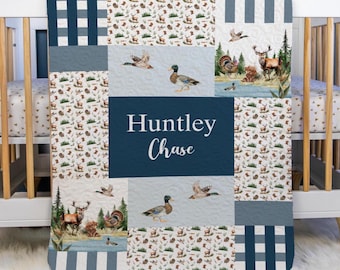 Hunting Baby Quilt, Personalized Hunting Baby Quilt, Optional Bundle with Sign, Duck Buck and Turkey Quilted Blanket, Hunting Nursery, W61