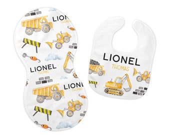 Construction Bib and Burp Cloth Set, Construction Bib, Construction Burp Cloth, Construction Nursery, Personalized Construction Bib, B21