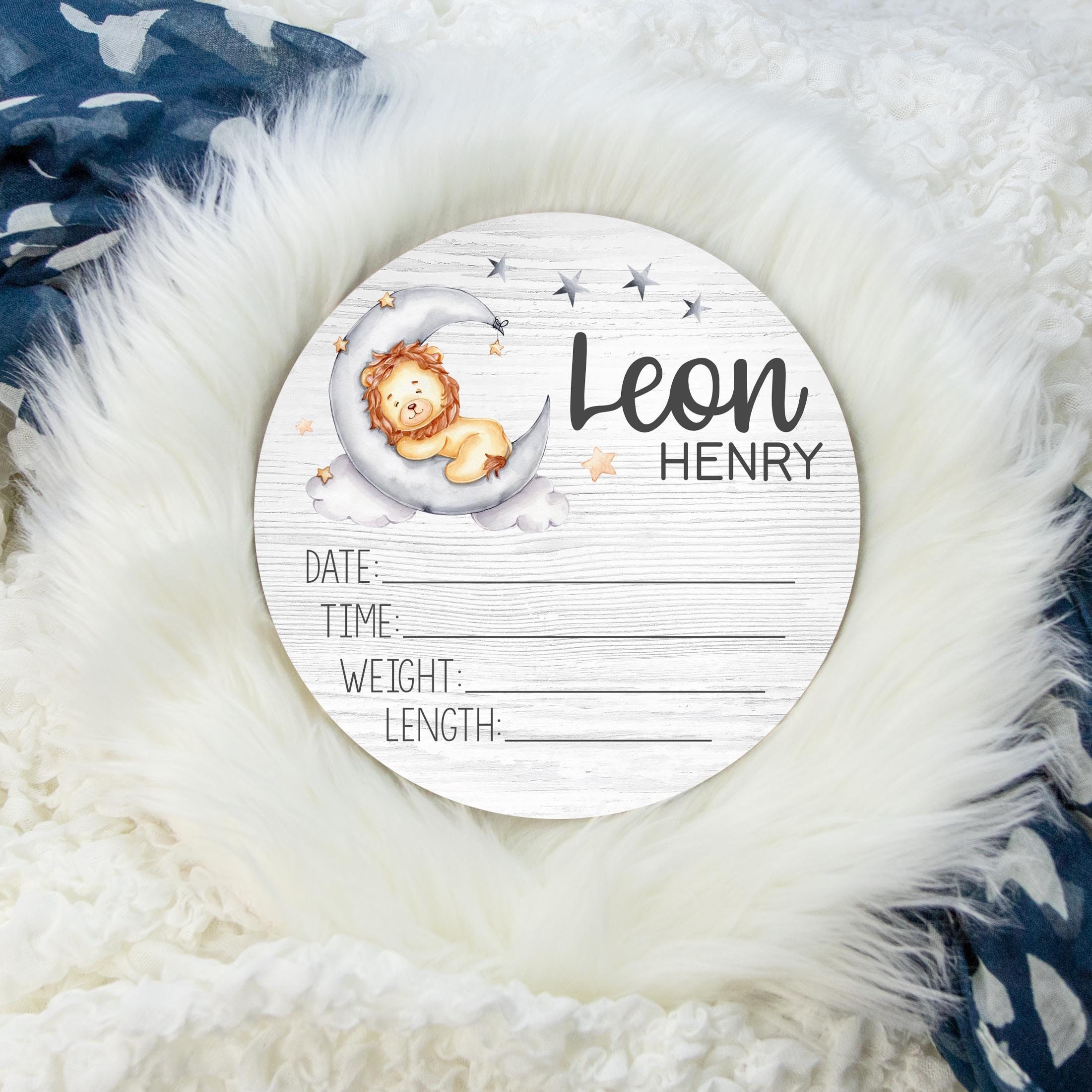 Lion Moon Birth Stat Sign, Round Wood Birth Stat Sign, Moon Lion Nursery, Boy Moon Birth Stat Sign, Personalized Birth Stat Sign B67