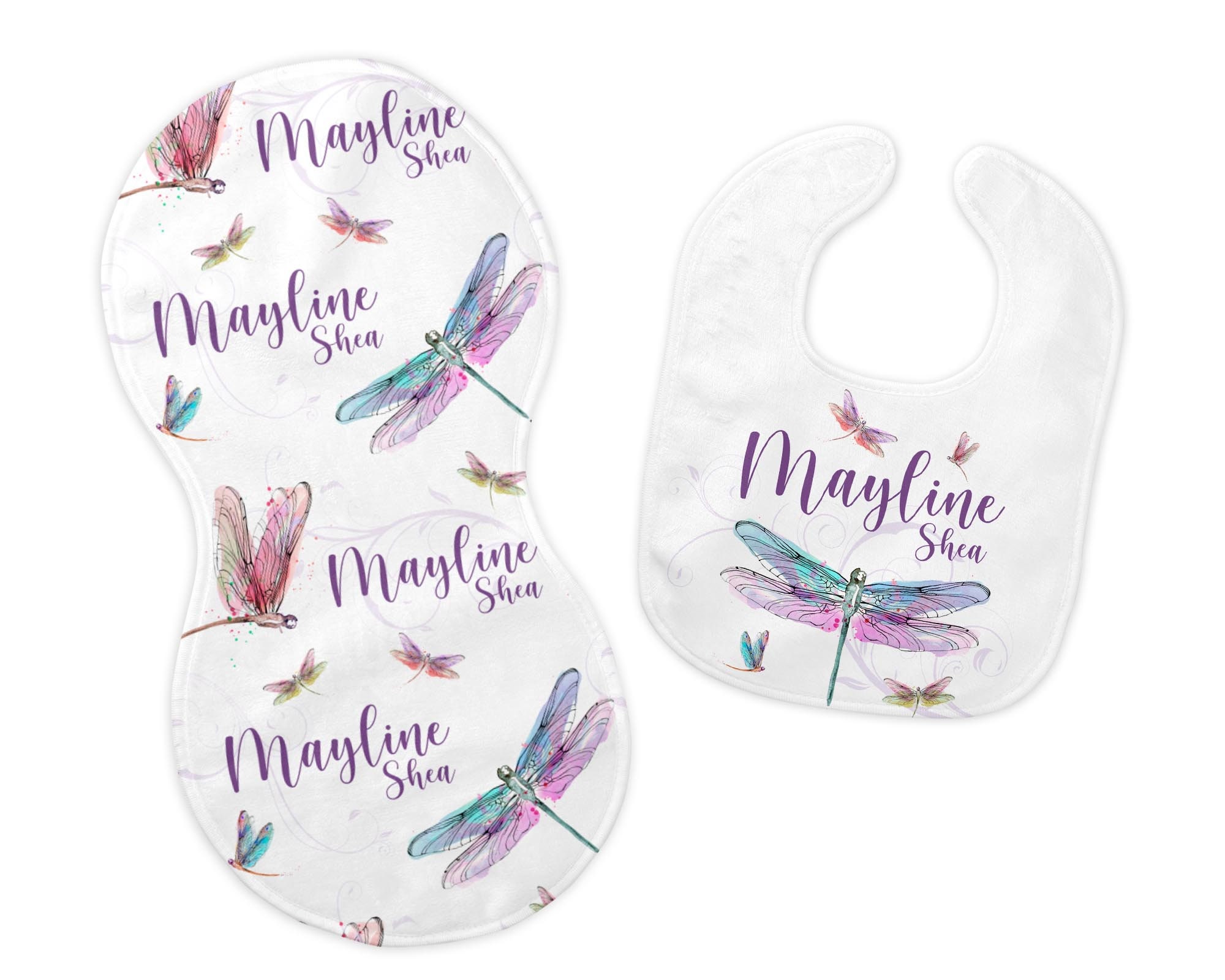 Dragonfly Bib & Burp Cloth Set, Bib, Cloth, Personalized Baby Set G39
