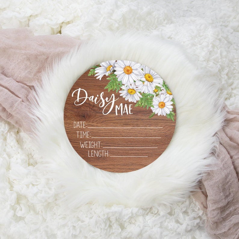 Daisy Sign Girl Birth Stat Sign Newborn Gift Daisy Floral Birth Stat Sign Round Wood Birth Stat Sign Personalized Birth Stat Sign