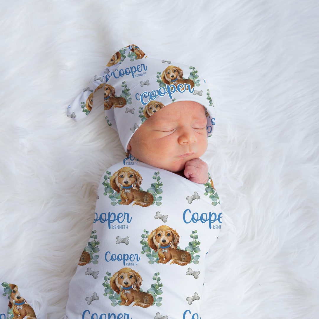 Boy Puppy Swaddle Set, Dachshund Baby Blanket, Personalized Boy Dog
