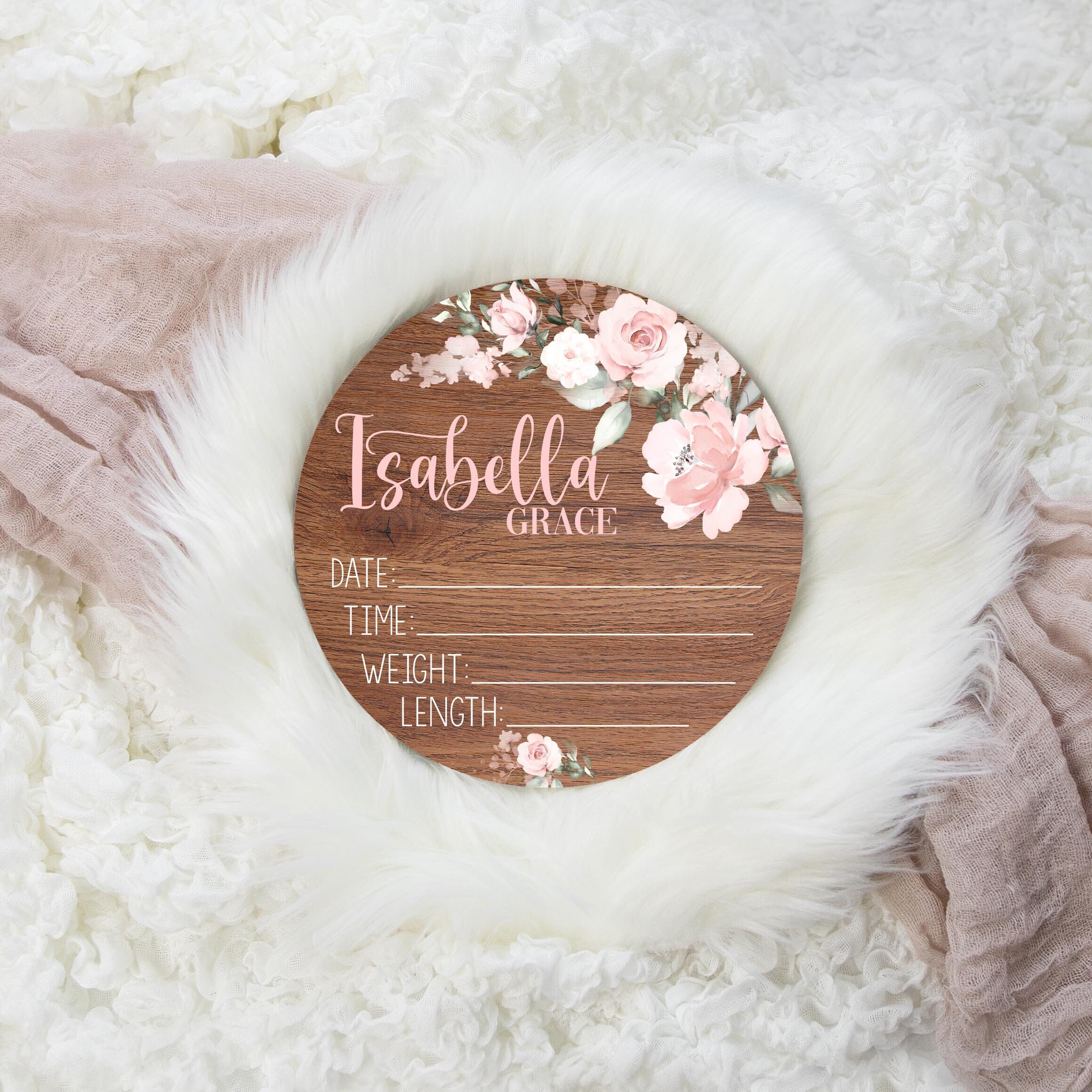 Girl Birth Stat Sign, Blush Floral Birth Stat Sign, Round Wood Birth Stat Sign, Personalized Birth Stat Sign, Newborn Gift F69