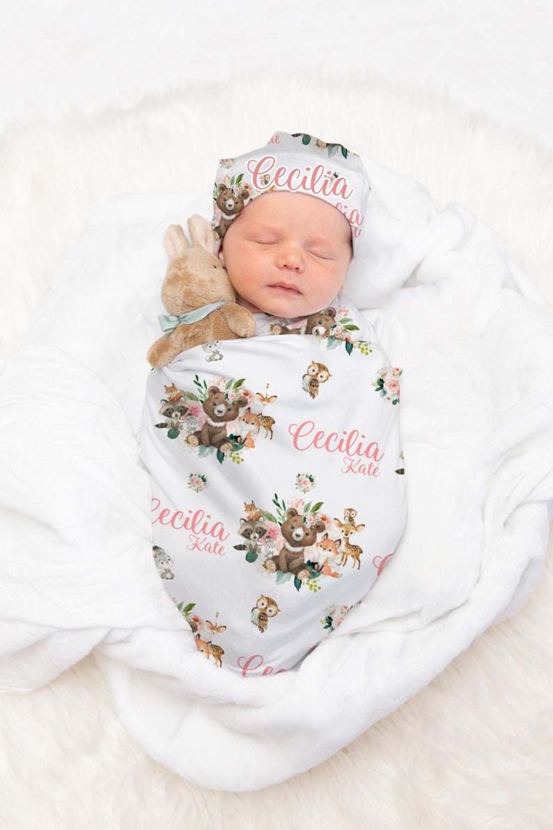 Girl Woodland Swaddle Set, Woodland Baby Blanket, Personalized Swaddle Blanket, Floral Woodland Animal Baby Blanket, Girl Woodland W28 image 2