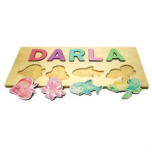 Ocean Life Name Puzzle, Wood Name Puzzle, Personalized Toddler Puzzle, First Birthday Gift, Montessori Puzzle, Fish Octopus Shark Turtle