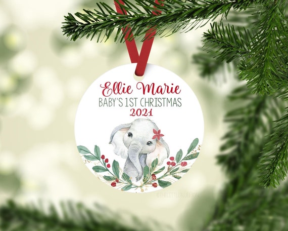 Elephant Baby 1st Christmas Ornament, Personalized Baby First Christmas Ornament, Baby Girl Ornament, New Baby Gift, Holiday Baby Ornament