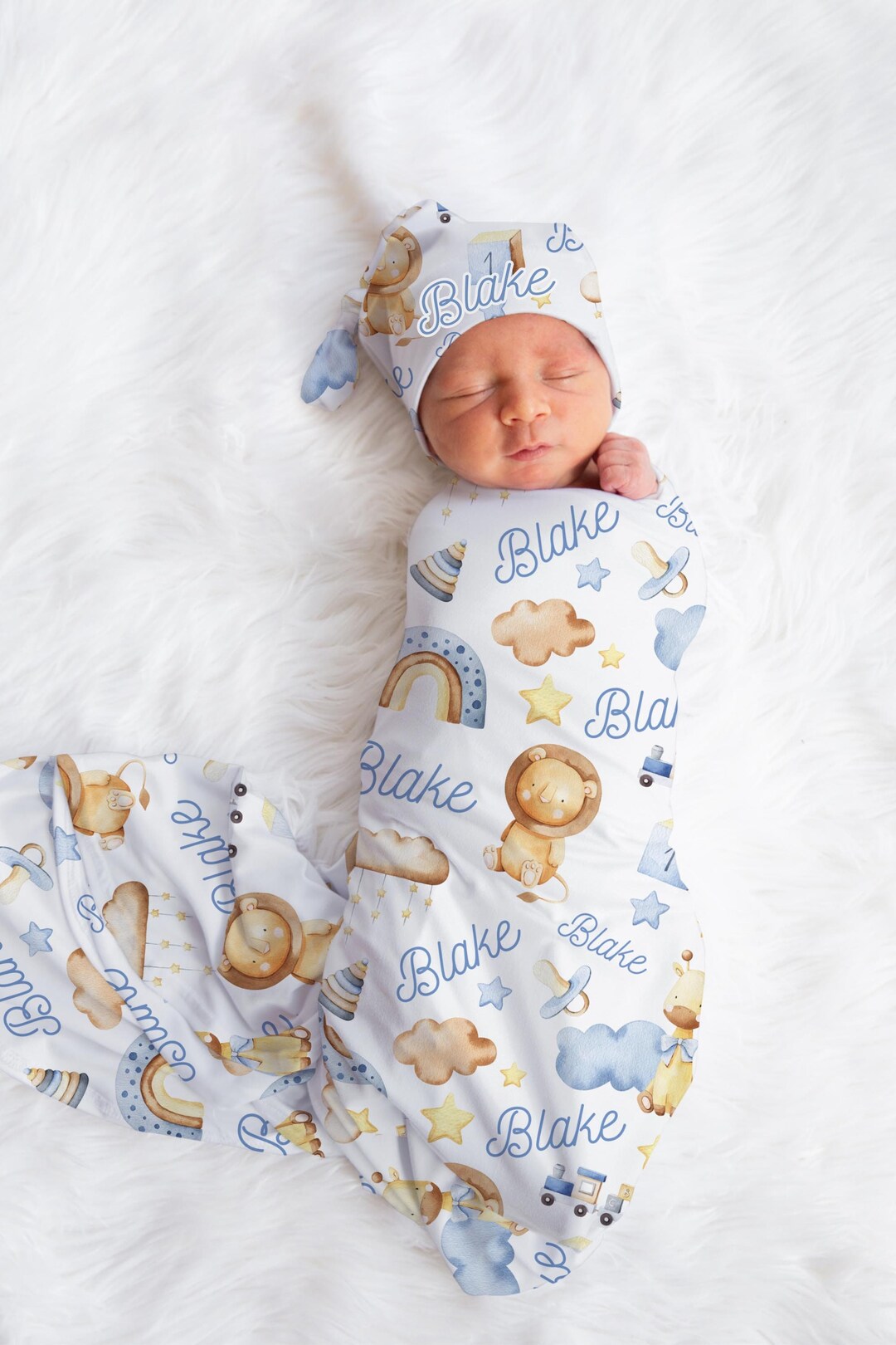 Safari Swaddle Set, Safari Swaddle Blanket, Personalized Baby Blanket