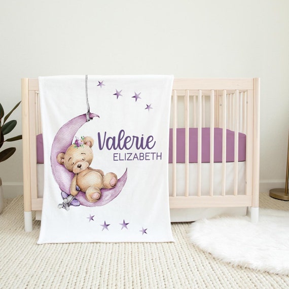 Girl Bear Moon Blanket, Personalized Moon and Stars Baby Blanket, Lullaby Bear Blanket, New Baby Gift, Moon Bear Blanket, Luna Blanket G26