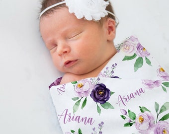 Purple and Violet Rose Girl Blanket, Rose Floral Crib Bedding, Personalized Swaddle Baby Blanket, Floral Nursery Theme, Baby Shower Gift F21