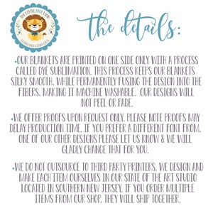 May include: The image features a logo with a lion illustration and the text "The Little Blue Lion." The text "the details" is written in cursive. Additional text describes the blanket printing process, proofing, and in-house design and production.