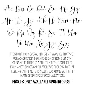 May include: A complete alphabet in a cursive font, displayed in black ink on a white background. The letters are elegantly styled, with a flowing, handwritten appearance. Text below explains font swashes and personalization options.