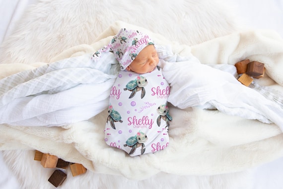 Girl Turtle Swaddle Set, Sea life Personalized Baby Blanket, Baby Blanket, Personalized Baby Blanket, Baby Gift, Ocean Theme Swaddle Set O33