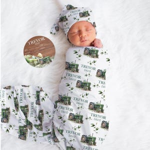 Green Tractor Swaddle, Tractor Swaddle Bundle Option, Personalized Swaddle Blanket, Tractor Baby Swaddle, Tractor Birth Announcement, C40