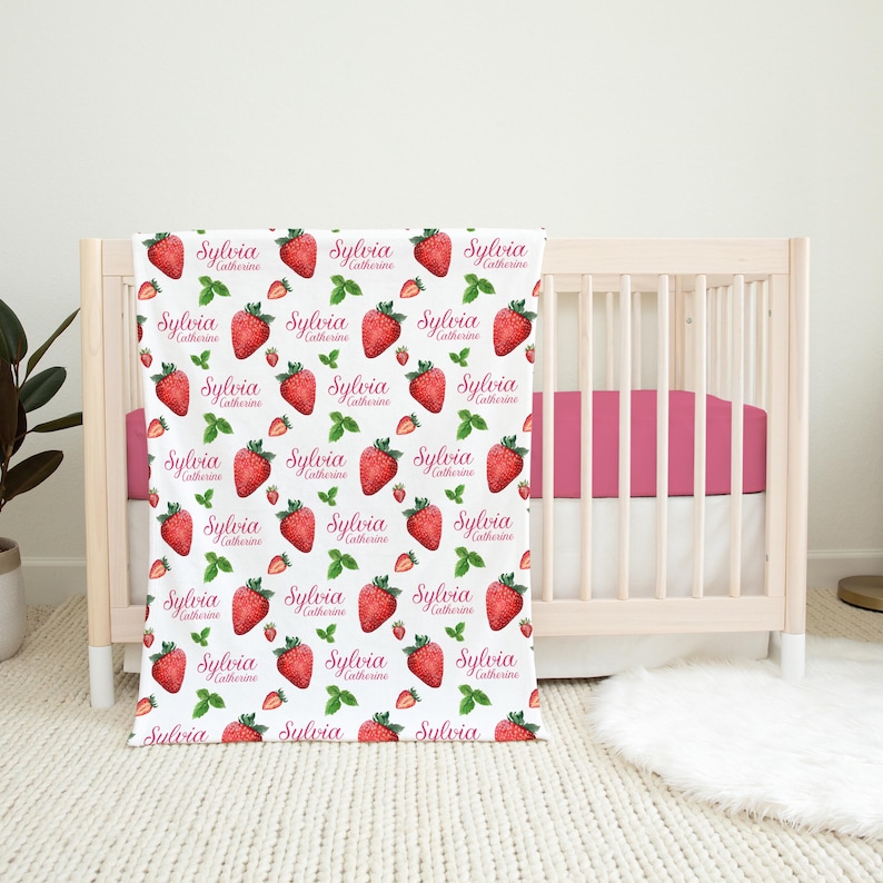 Strawberry Baby Blanket, Personalized Baby Blanket, Strawberry Baby Blanket, Baby Shower Gift, Strawberry Baby Blanket, Fruit blanket G88 image 2