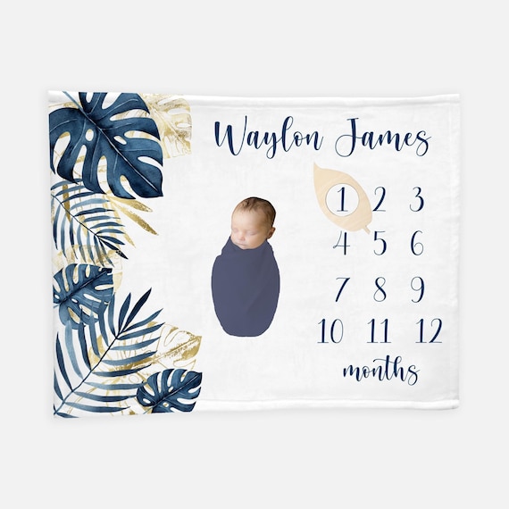 Blue Tropical Palm Milestone Blanket, Boy Monthly Baby Blanket, Soft Fleece Blanket, Baby Shower Gift, Blue Palm Leaf Milestone Blanket F56
