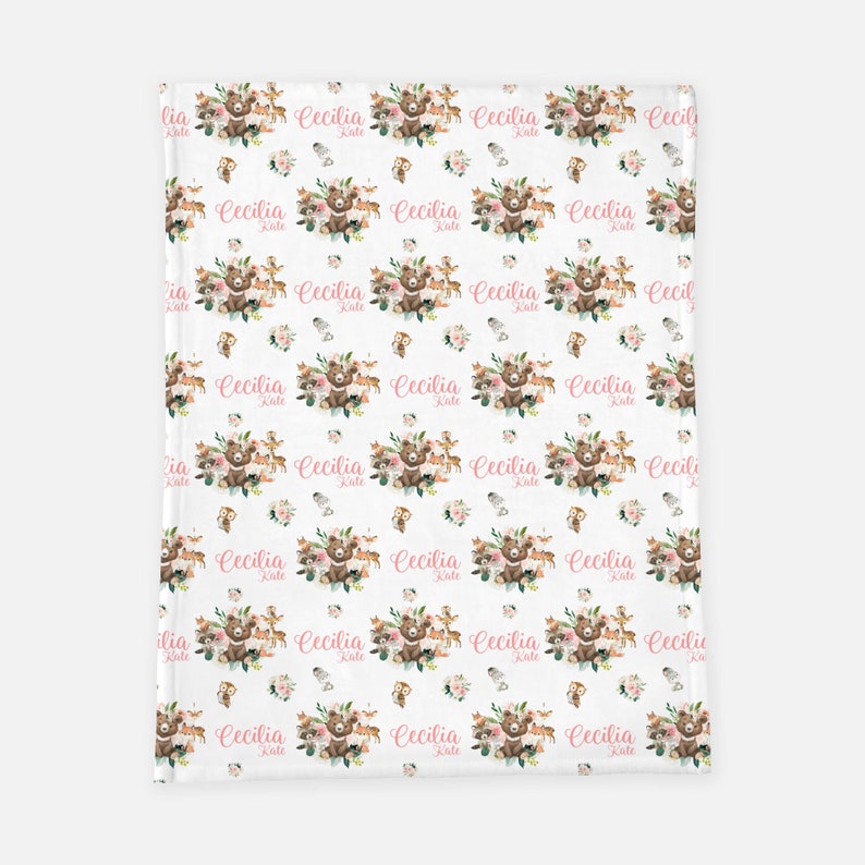 Girl Woodland Swaddle Set, Woodland Baby Blanket, Personalized Swaddle Blanket, Floral Woodland Animal Baby Blanket, Girl Woodland W28 image 4